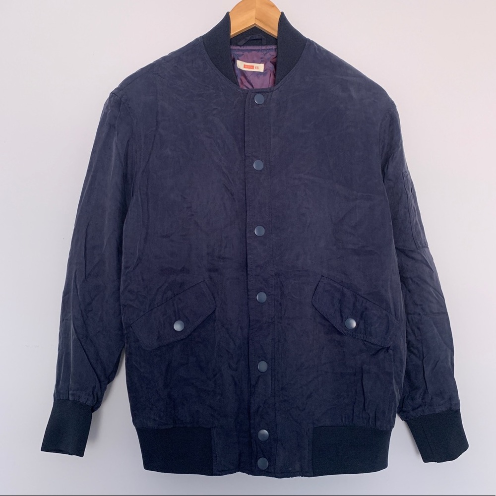 Fall Men's Soft Suede Button Up Long Sleeve Bomber Jacket in Navy Blue (XS)